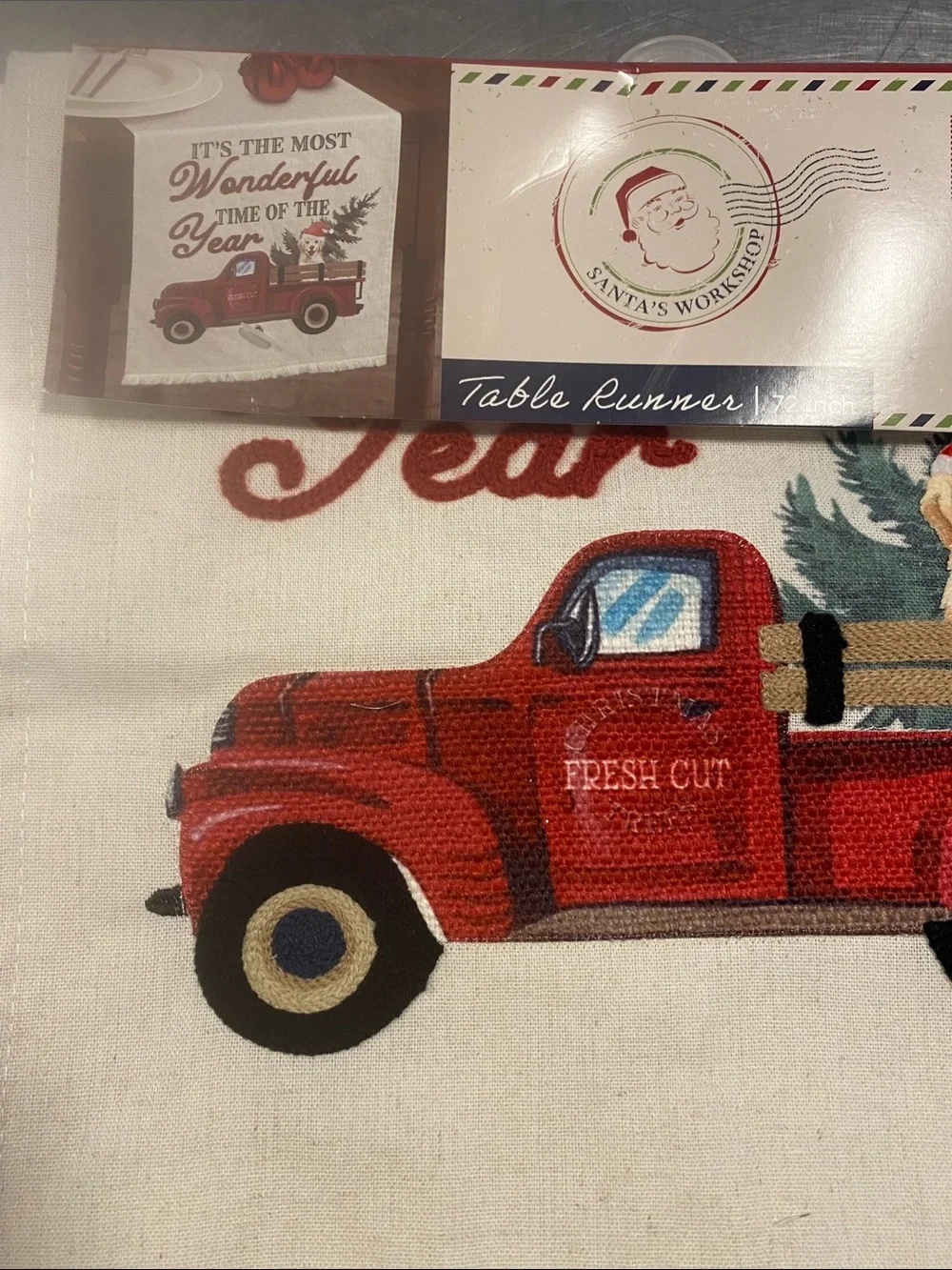 Holiday Red Vintage Truck Table Runner with Dog BNWT